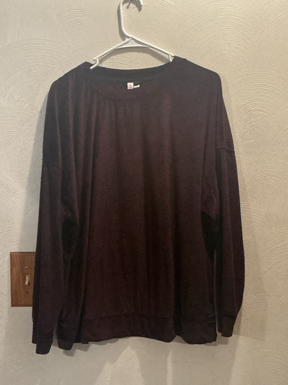 Joyspun Women’s Long Sleeve Crewneck Shirt - Dark Purple w/ Black leaf pattern.